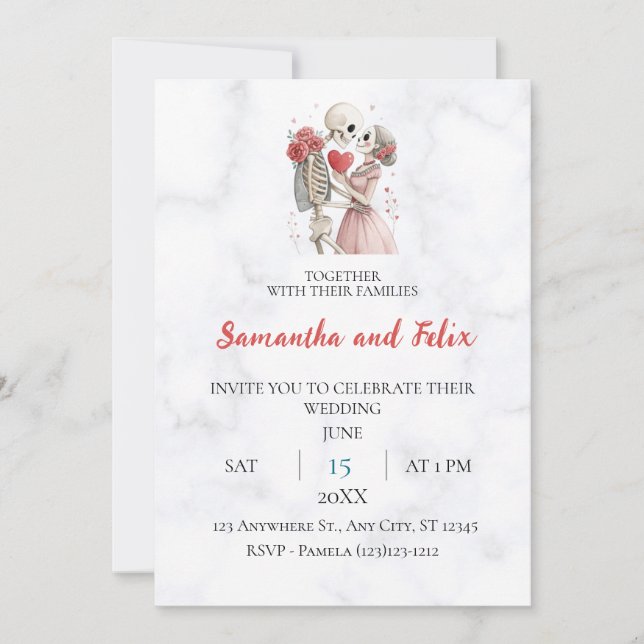 Invitación Boda de mármol con corazón rosa esqueleto (Anverso)