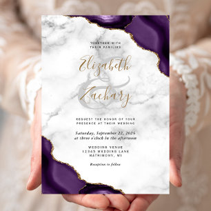 Invitación Boda de Mármol con Esquina de Ágata Dorada Púrpura