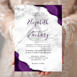 Invitación Boda de mármol con esquinas de ágata plateada púrp