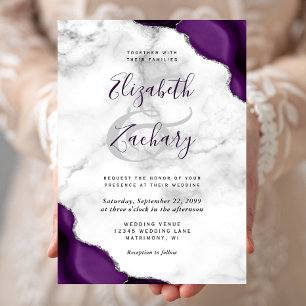 Invitación Boda de mármol con esquinas de ágata plateada púrp