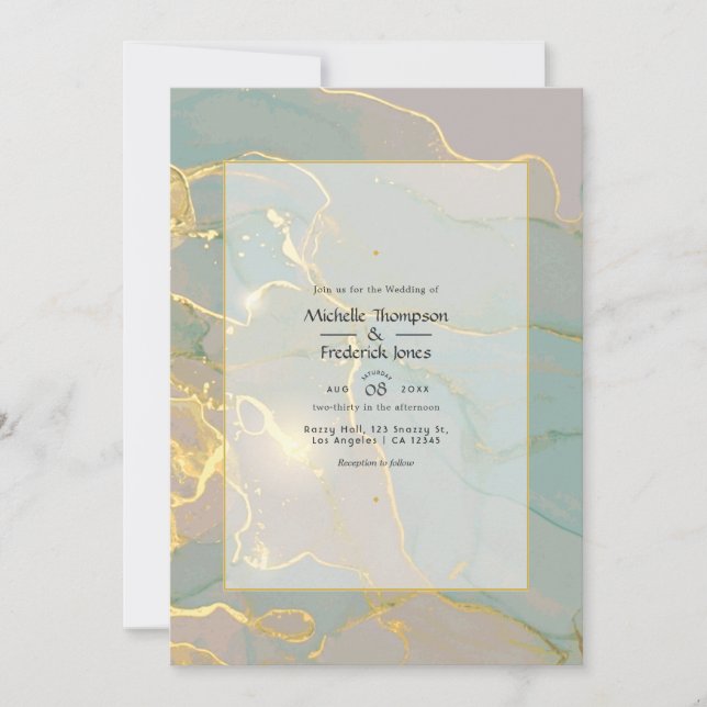 Invitación Boda de mármol con tinta de alcohol verde menta y  (Anverso)