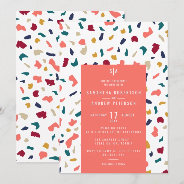Invitación boda de mármol coral brillante terrazo (Anverso / Reverso)