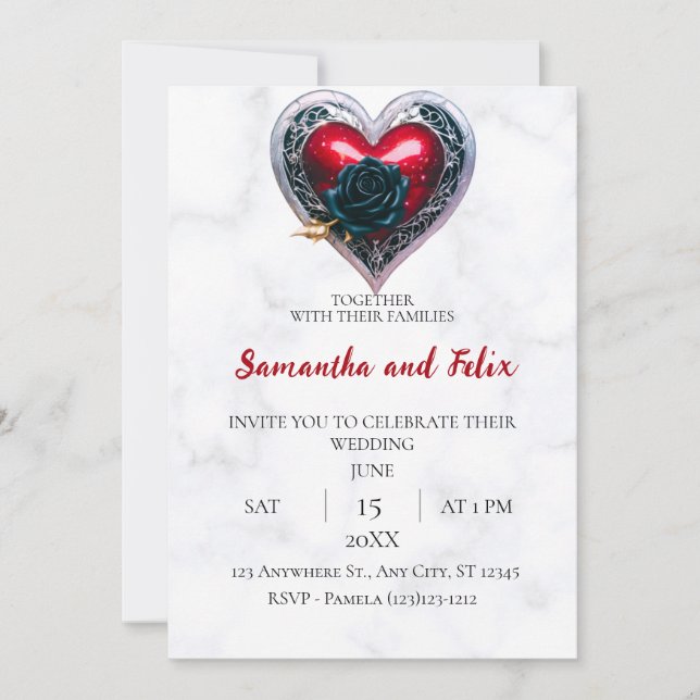 Invitación Boda de Mármol Corazón de Plata Rosa Negra (Anverso)