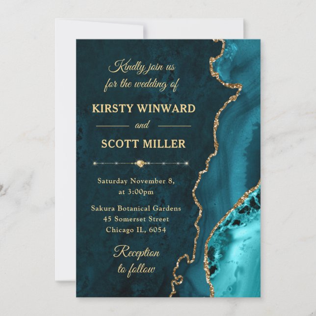 Invitación Boda de Mármol de Ágata con Brillo Dorado Turquesa (Anverso)