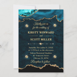 Invitación Boda de Mármol de Ágata con Brillo Dorado Turquesa