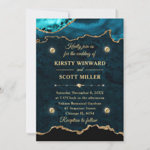 Invitación Boda de Mármol de Ágata con Brillo Dorado Turquesa