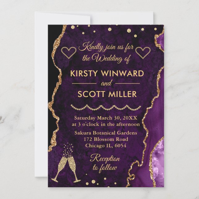 Invitación Boda de mármol de ágata con brillo falso púrpura y (Anverso)