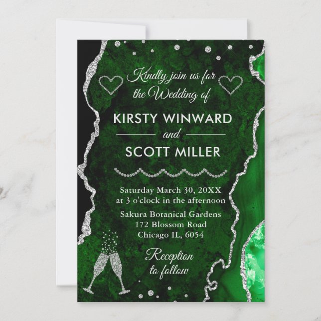 Invitación Boda de mármol de ágata con brillo falso verde y p (Anverso)