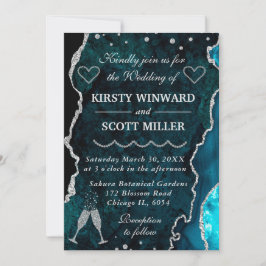Invitación Boda de mármol de ágata con brillo teal y plata