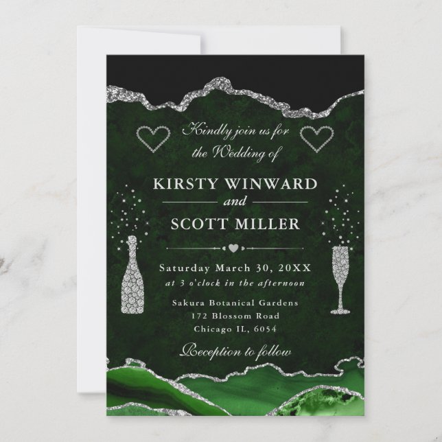 Invitación Boda de mármol de ágata con brillo verde y plata (Anverso)
