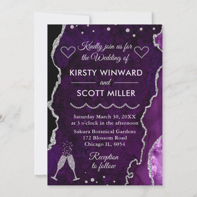 Invitación Boda de mármol de ágata de purpurina falsa de plat (Anverso)