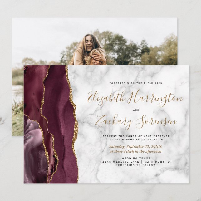 Invitación Boda de mármol de ágata dorada de Borgoña (Anverso / Reverso)