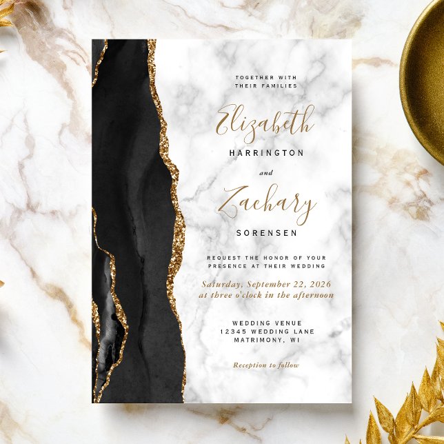 Invitación Boda de mármol de ágata dorada negra moderna (Subido por el creador)