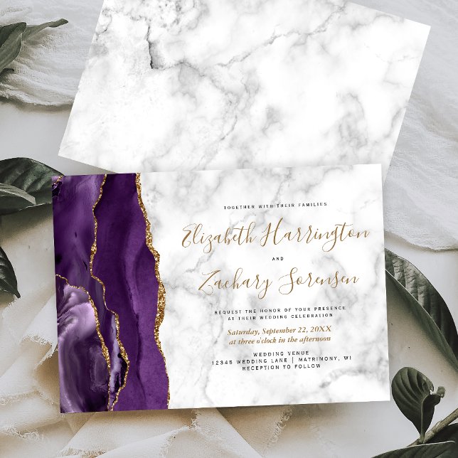 Invitación Boda de mármol de ágata dorada púrpura (Subido por el creador)
