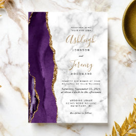 Invitación Boda de mármol de ágata dorada y púrpura moderna