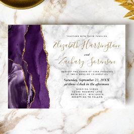 Invitación Boda de mármol de ágata dorada y púrpura moderna