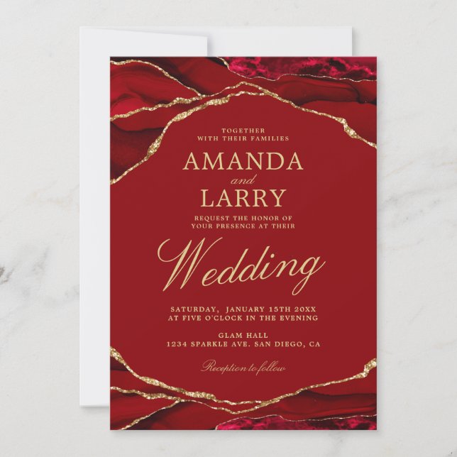 Invitación Boda de Mármol de Ágata Rojo y Dorado (Anverso)