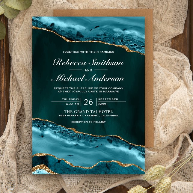 Invitación Boda de Mármol de Ágata Teal y Dorado (Subido por el creador)