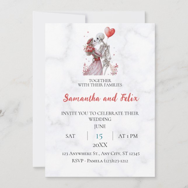 Invitación Boda de mármol de amantes de esqueletos (Anverso)