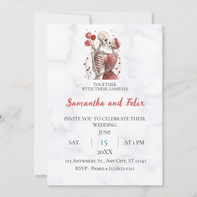 Invitación Boda de mármol de amantes de rosa esqueleto (Anverso)