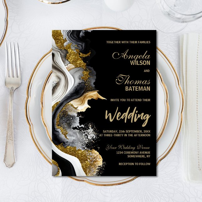 Invitación Boda de Mármol de Black Gold Agate (Subido por el creador)