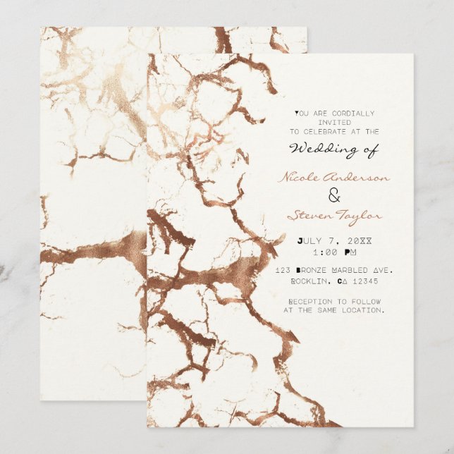 Invitación Boda de mármol de bronce de crema moderna de marfi (Anverso / Reverso)