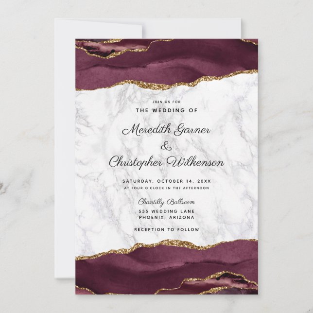 Invitación Boda de Mármol de Burgundy Gold Agate (Anverso)