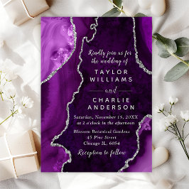 Invitación Boda de mármol de color morado y plateado