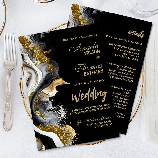 Invitación Boda De Mármol De La Agitación De Oro Negro (Subido por el creador)