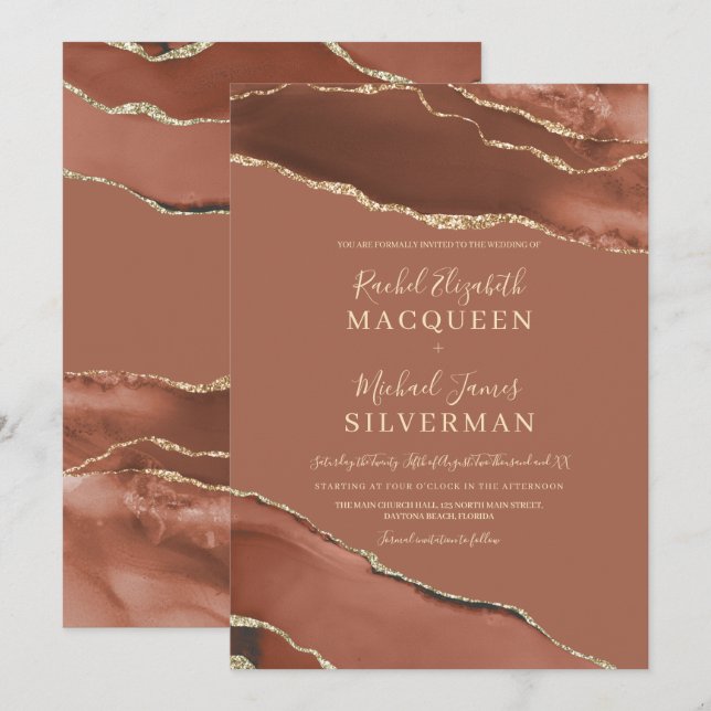 Invitación Boda de mármol de la agrieta de oro de la terracot (Anverso / Reverso)
