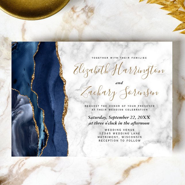 Invitación Boda de mármol de la Marina Azul de oro de la Mari (Subido por el creador)
