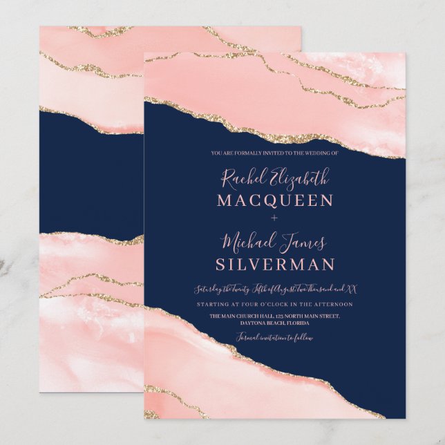 Invitación Boda de Mármol de la Marina Azul Rubor de oro rosa (Anverso / Reverso)