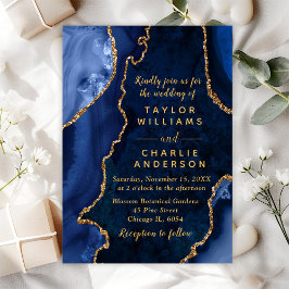 Invitación Boda de mármol de la Marina azul y oro agate