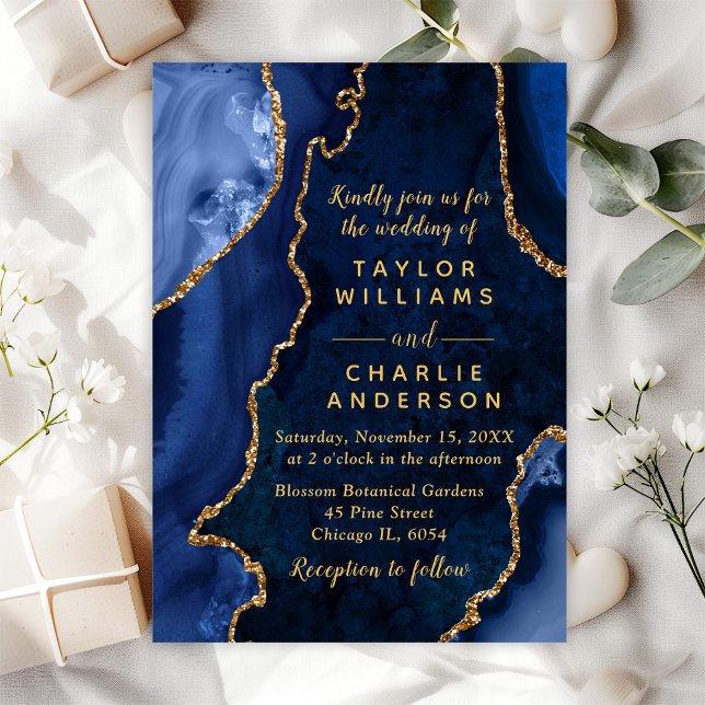 Invitación Boda de mármol de la Marina azul y oro agate (Subido por el creador)