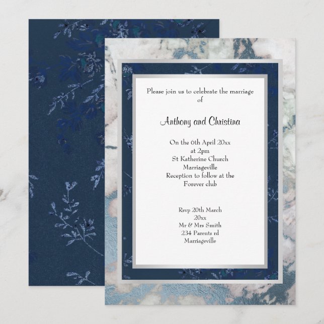 INVITACIÓN BODA DE MÁRMOL DE LAYER NAVY BLUE SILVER (Anverso / Reverso)
