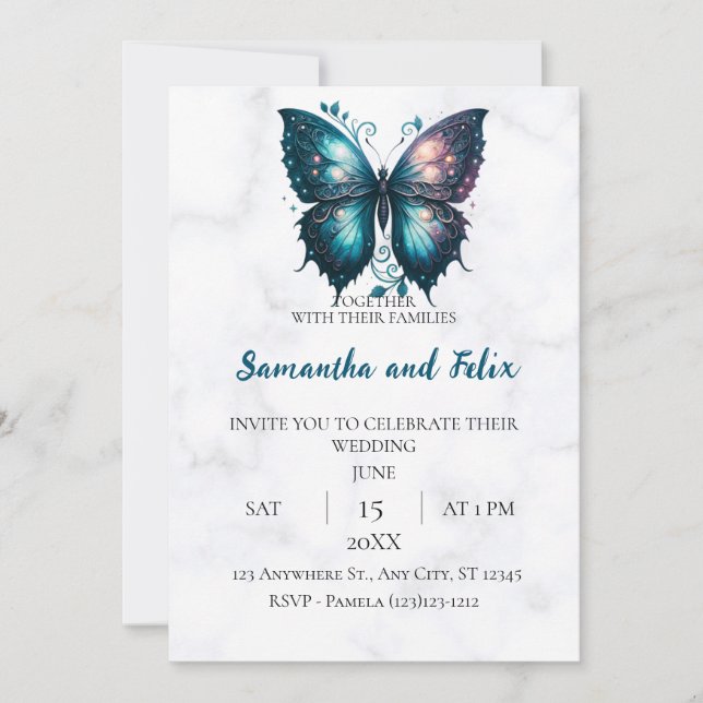 Invitación Boda de mármol de mariposa celestial (Anverso)