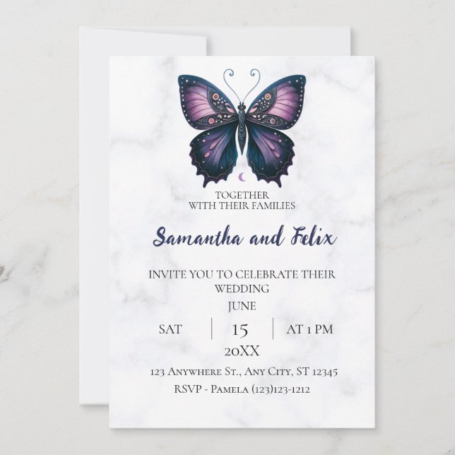 Invitación Boda de mármol de mariposa de luna mística (Anverso)