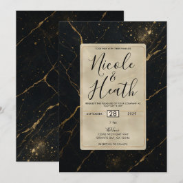 Invitación Boda de mármol de medianoche dorada Negro y dorado