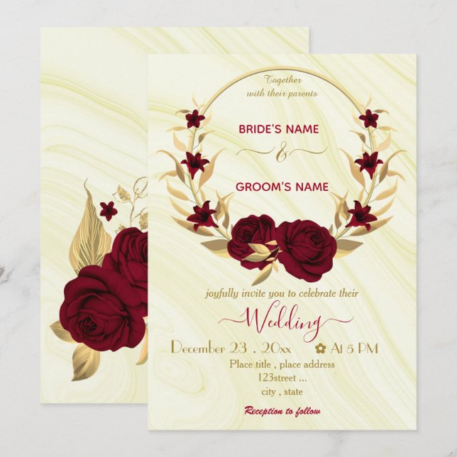 Invitación boda de mármol de oro de flores de burdeos (Anverso / Reverso)
