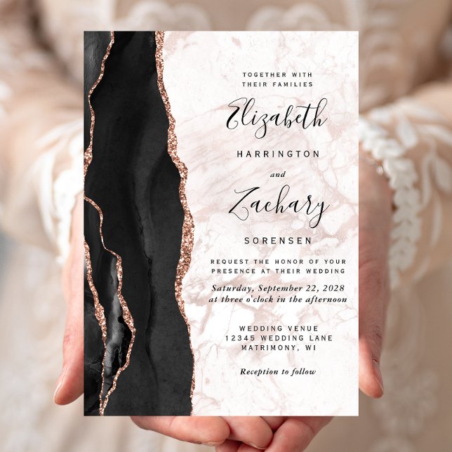 Invitación Boda de mármol de oro del moderno negro agate Rosa (Subido por el creador)