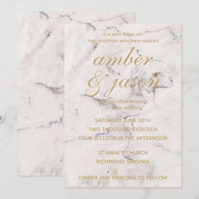 Invitación Boda de mármol de oro negro y Rosa (Anverso / Reverso)