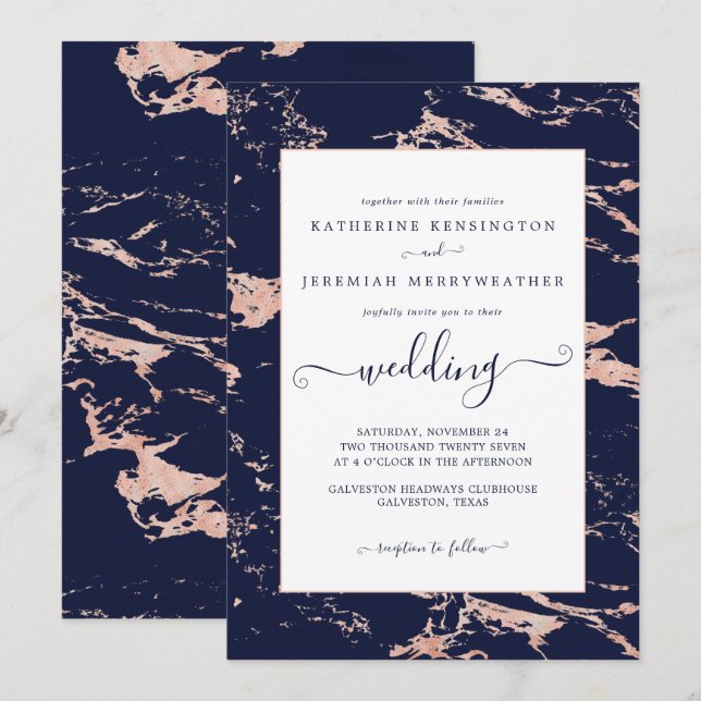 Invitación Boda de Mármol de Oro Rosa Azul de la Marina de mo (Anverso / Reverso)