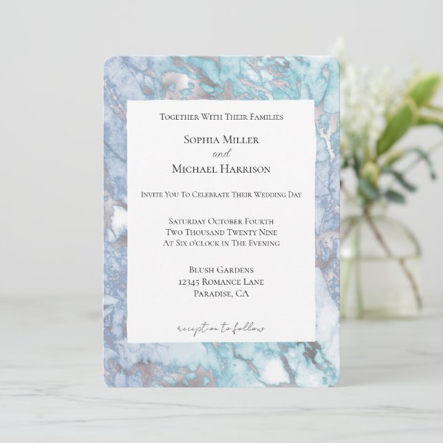 Invitación Boda de mármol de plata azul Aqua (Anverso de pie)