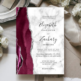 Invitación Boda de mármol de plata burgundy moderna