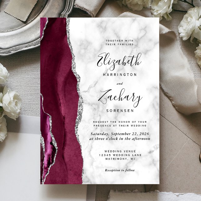 Invitación Boda de mármol de plata burgundy moderna (Subido por el creador)