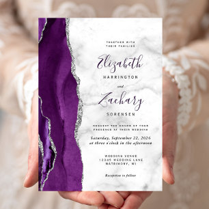 Invitación Boda de mármol de plata púrpura moderna