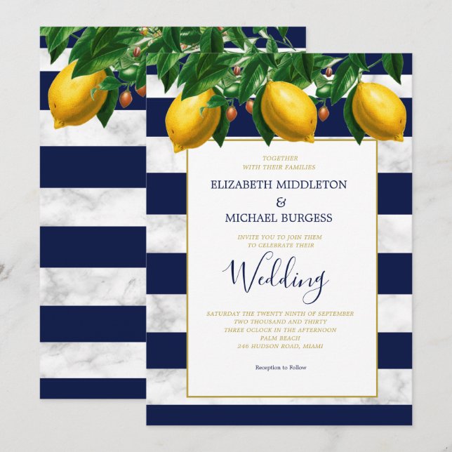 Invitación Boda de mármol de tira blanca de limón (Anverso / Reverso)