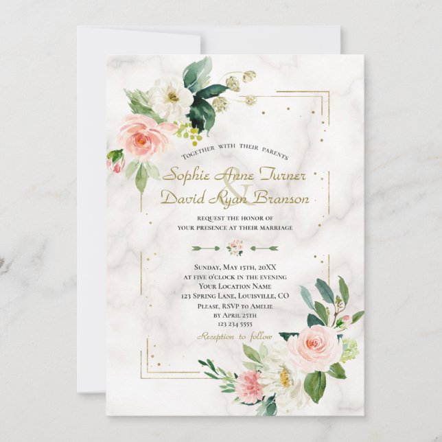 Invitación Boda de mármol del Purpurina floral de Rubor Cream (Anverso)