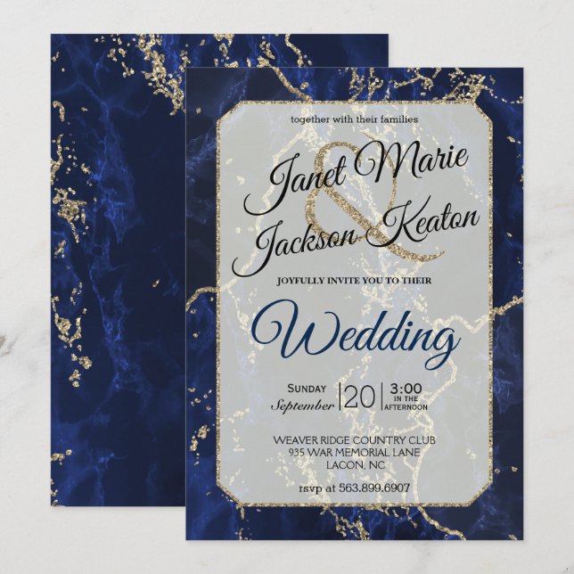 Invitación Boda de Mármol Dorado Brillo Azul Marino (Anverso / Reverso)