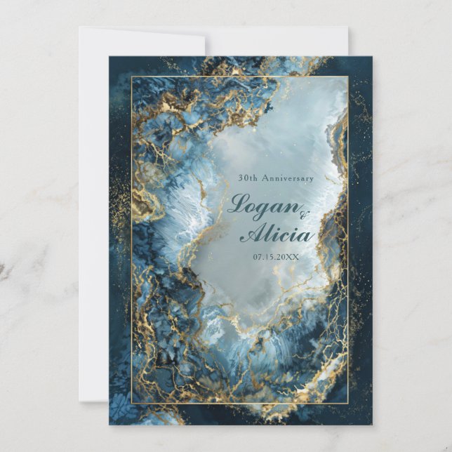 Invitación Boda de Mármol Dorado Índigo Naval Abstracto Moder (Anverso)